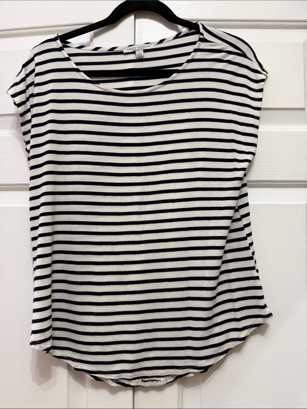 Green Envelope Black and White Striped Short Sleeve Tee